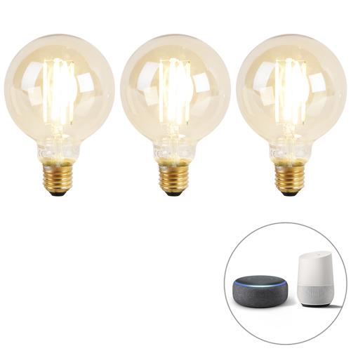 Sada 3 inteligentních LED žárovek E27 Dim to Warm G95 Goldline 7W 806lm 1800K - 3000K