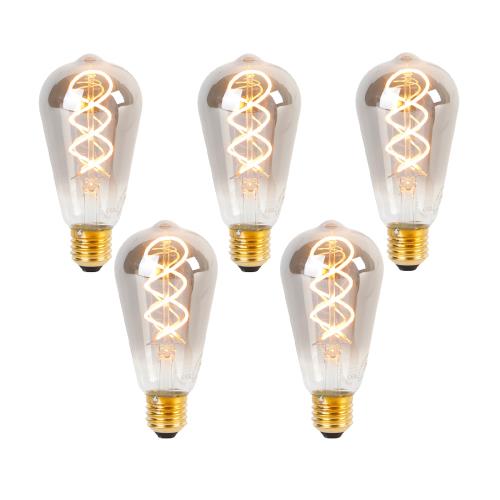 Sada 5 stmívatelných LED žárovek E27 se zkrouceným filamentem ST64 kouřové 120lm 1800K