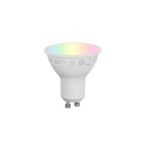 Chytrá LED žárovka GU10 50 mm s možností stmívání, opálová, RGBW, 4,7 W, 400 lm, 2700–6500 K