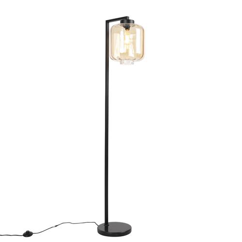 Designová stojací lampa černá s jantárovým sklem - Qara Down
