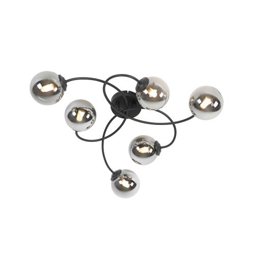 Moderní stropní svítidlo černé 6-světlo s kouřovým sklem - Atény