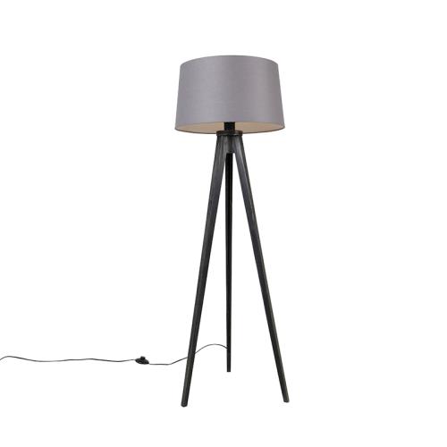 Stojací lampa na stativu černá s lněným stínítkem tmavě šedá 45 cm - Tripod Classic