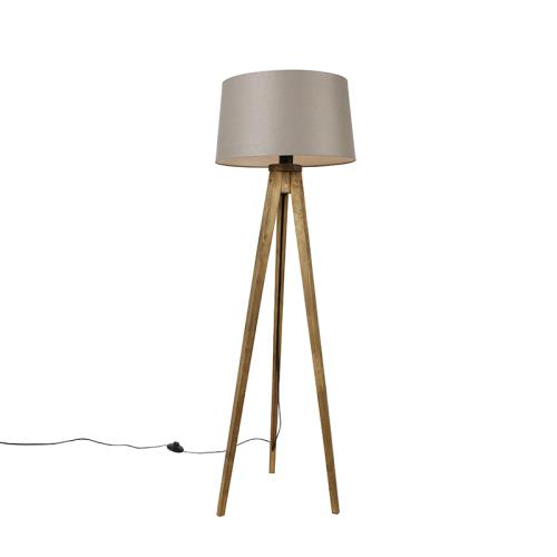 Rustikální stojací lampa na stativu s vintage dřevem a lněným stínítkem taupe 45 cm - Tripod Classic