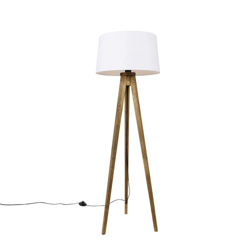 Rustikální stojací lampa na trojnožce vintage dřevo s bílým lněným stínítkem 45 cm - Tripod Classic