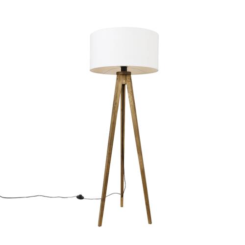 Rustikální stojací lampa s trojnožkou vintage dřevo s bílým stínítkem 50 cm - Tripod Classic
