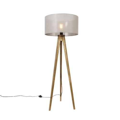 Rustikální stojací lampa s trojnožkou vintage dřevo stmavě béžovým stínítkem 50 cm - Tripod Classic