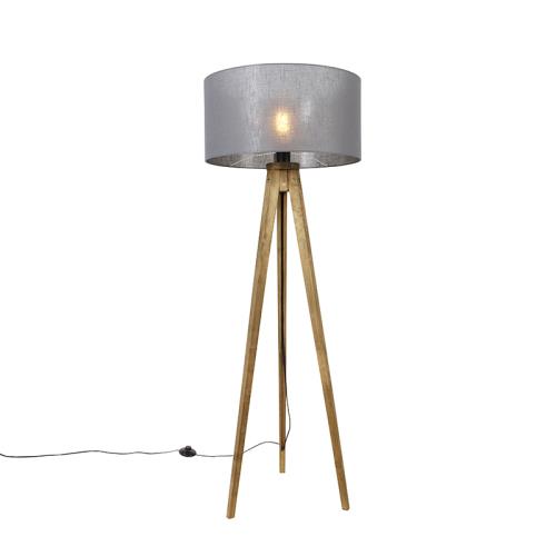 Rustikální stojací lampa se třemi nohami vintage dřevo s tmavě šedým stínítkem 50 cm - Tripod Classic