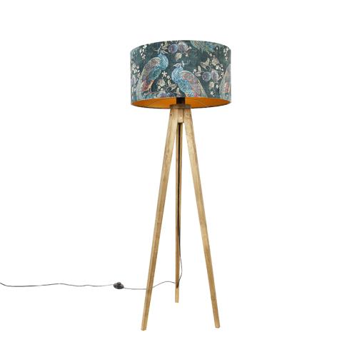 Stojací lampa s trojnožkou Vintage dřevo sstínítkem zelená spavími peříčky 50 cm - Tripod Classic