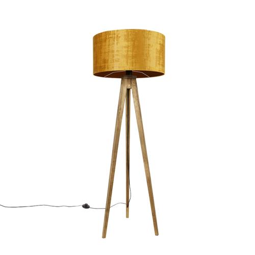 Rustikální stojací lampa na trojnožce vintage dřevo se zlatým stínítkem 50 cm - Tripod Classic