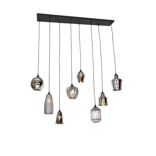 Závěsné svítidlo Art Deco černé s kouřovým sklem 8 světel - Hanne