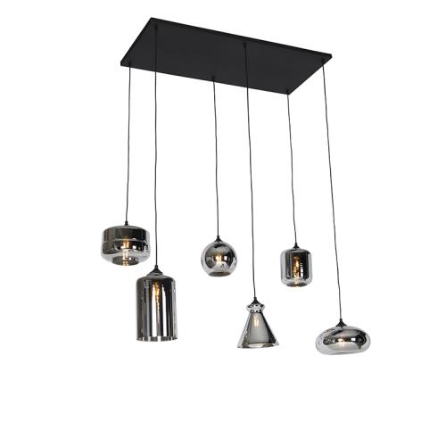 Závěsné svítidlo v art deco stylu černé s kouřovým sklem 6-světlo - Wallace