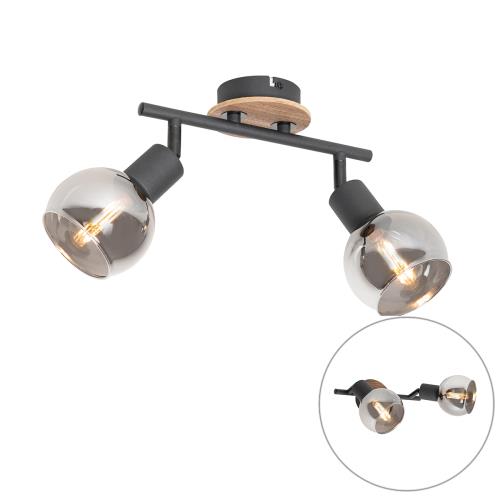 Stropní lampa černá s kouřovým sklem a dřevem 2-světlo - Vidro