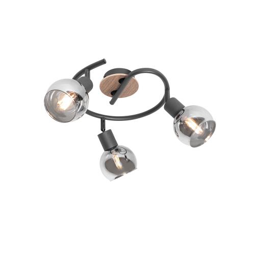 Stropní lampa černá 44,5 cm s kouřovým sklem a dřevem 3-světlo - Vidro