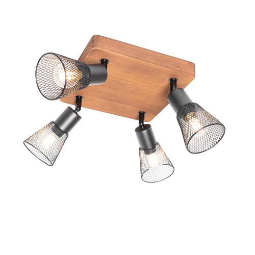 Průmyslové bodové světlo černé se dřevem 4-světlo - Kristina