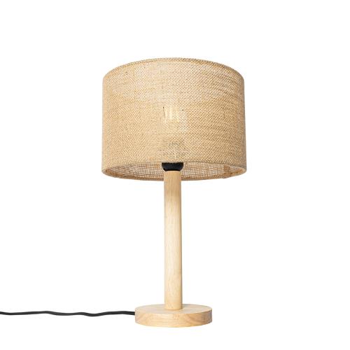Rustikální stolní lampa dřevo s lněným stínítkem přírodní 25 cm - Mels