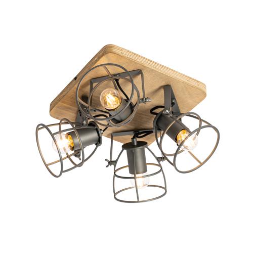 Průmyslové bodové svítidlo dřevo s tmavě šedou nastavitelné 4-světlo - Arthur
