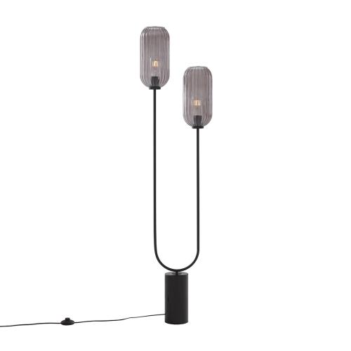 Stojací lampa Art Deco černá s kouřovým sklem 2-světlo - Rid