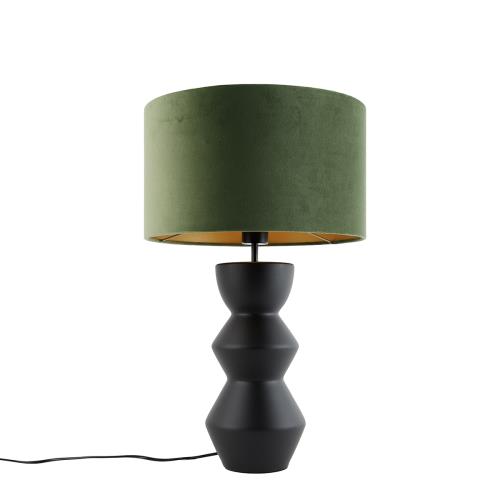 Designová stolní lampa černá ssametovým stínítkem zelená se zlatem 35 cm - Alisia