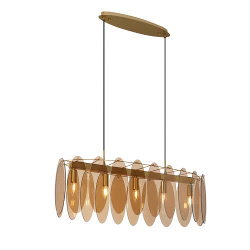 Závěsné svítidlo Art Deco zlaté s jantarovým sklem oválné 5-světelné - Mochan