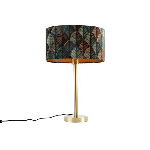 Stolní lampa mosazná s oválným sametovým stínidlem s motivem listů 35 cm - Simplo