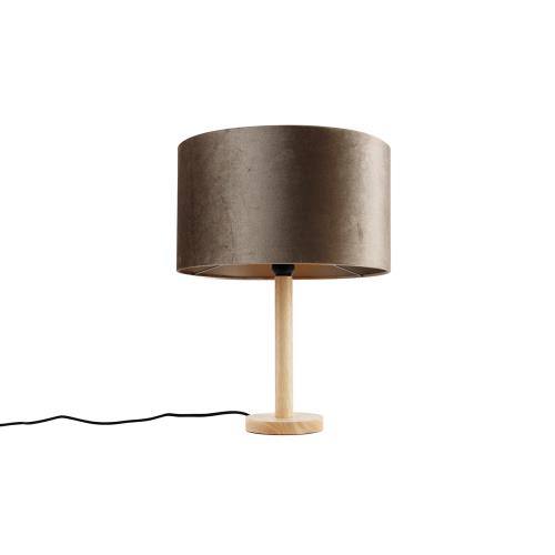 Stolní lampa dřevěná se sametovým stínidlem taupe 35cm - Mels
