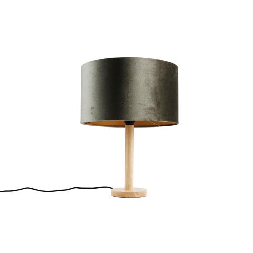Stolní lampa dřevěná se sametovým stínidlem zelená 35cm - Mels