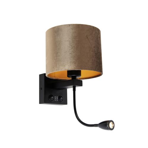 Nástěnná lampa černá s hnědým sametovým stínítkem 18 cm - Brescia