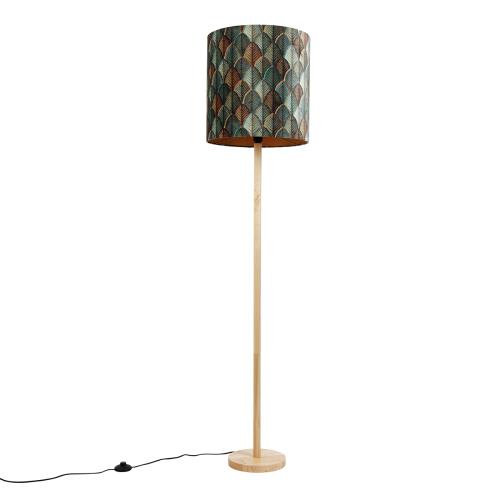 Dřevěná stojací lampa s sametovým stínidlem s designem listů a zlatým vnitřkem - Mels