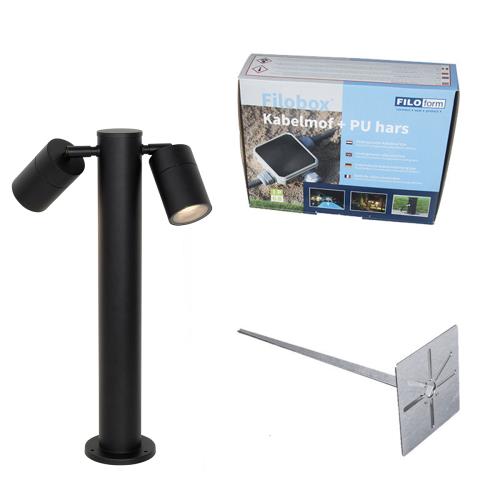 Venkovní lampa černá s zemním hrotem a kabelovou průchodkou 45cm 2-světla IP44 - Duo