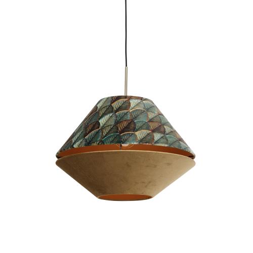 Moderní závěsné svítidlo bronzové s dvojitým sametovým stínidlem s motivem listů a béžové - Combi 1