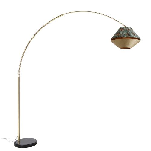 Mosazná oblouková lampa s dvojitým sametovým stínidlem s motivem listů a béžovou barvou - XXL