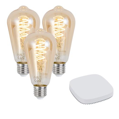 Sada 3 chytrých stmívatelných LED žárovek E27 ST64 4,9W 320 lm 2500K včetně Zigbee Smart Hub
