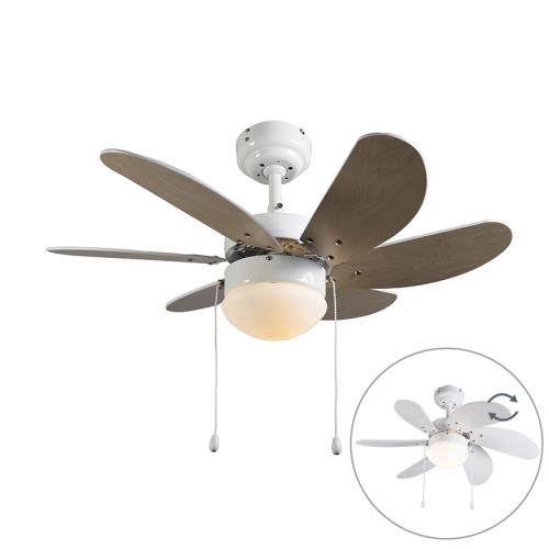 Stropní ventilátor bílý s potiskem dřeva 80 cm s tahovým spínačem - Fresh
