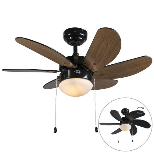 Stropní ventilátor černý s potiskem dřeva 80 cm s tahovým spínačem - Fresh