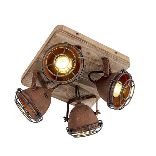 Průmyslové bodové svítidlo rezavě hnědé se dřevem naklápěcí 4-světlo - Gina