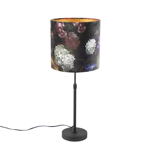 Stolní lampa černá ssametovým stínítkem skvětinami azlatem 25 cm - Parte