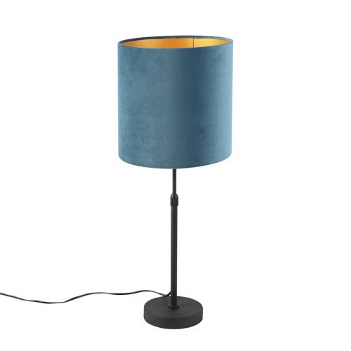 Stolní lampa černá s modrým sametovým stínítkem se zlatem 25 cm - Parte