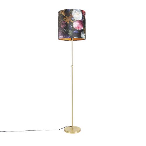 Stojací lampa zlatá/mosazná ssametovým stínítkem skvětinami 40/40 cm - Parte