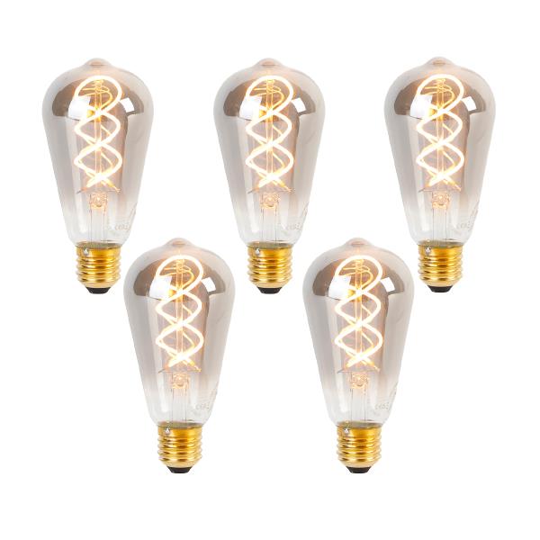 Sada 5 stmívatelných LED žárovek E27 se zkrouceným filamentem ST64 kouřové 120lm 1800K