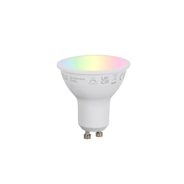 Chytrá LED žárovka GU10 50 mm s možností stmívání, opálová, RGBW, 4,7 W, 400 lm, 2700–6500 K