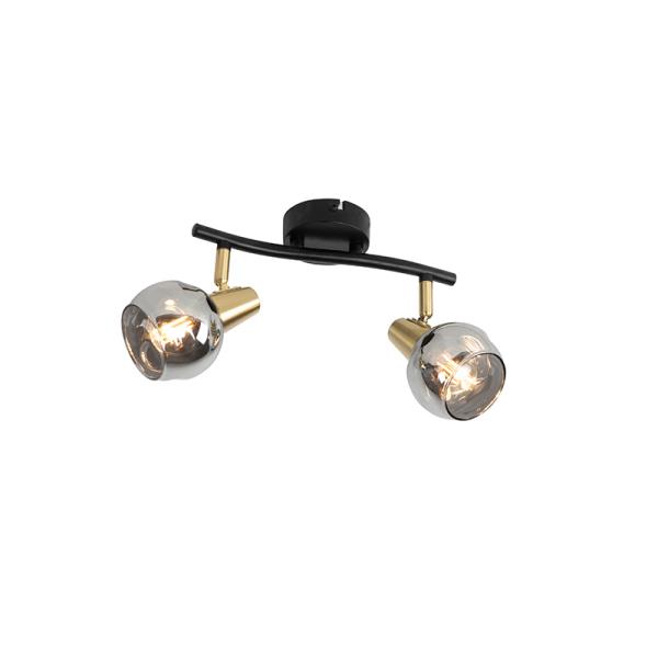 Stropní lampa černá s mosazí a kouřovým sklem 2-světlo - Vidro