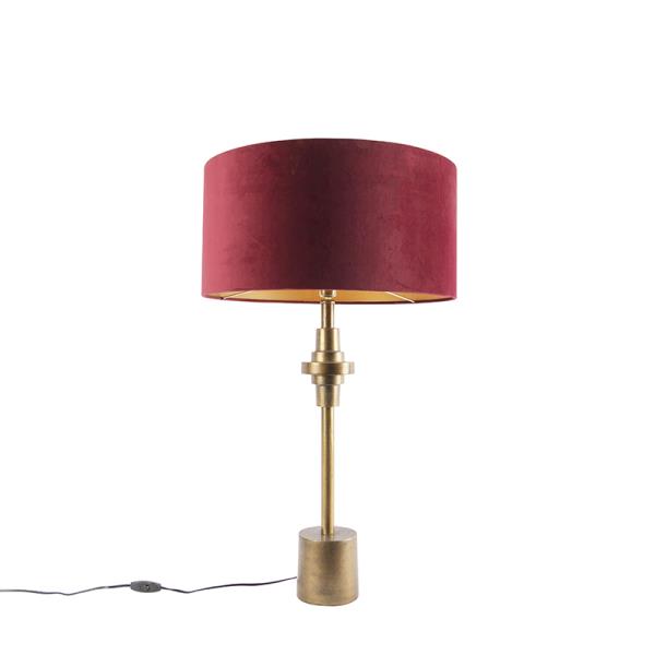 Stolní lampa v art deco stylu bronzová ssametovým stínítkem červeným 50 cm - Diverso