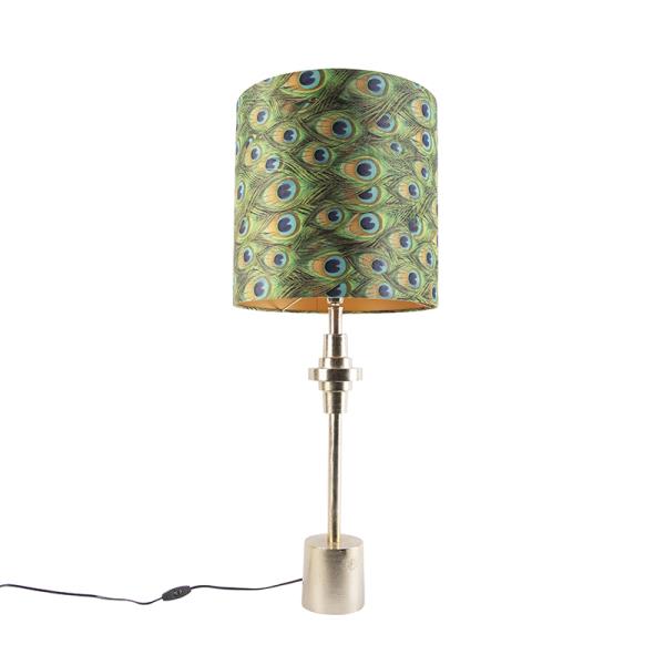 Stolní lampa v art deco stylu se zlatým sametovým stínítkem s motivem pírka páva 40 cm - Diverso