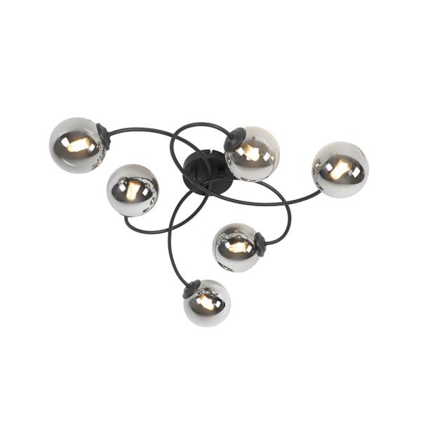 Moderní stropní svítidlo černé 6-světlo s kouřovým sklem - Atény