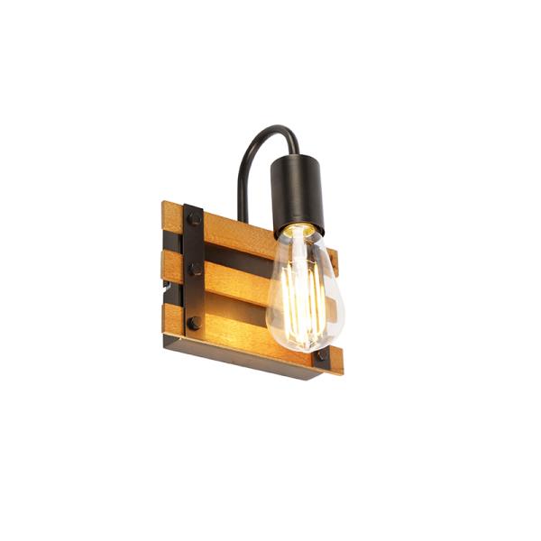 Průmyslová nástěnná lampa černá se dřevem - Paleta Mai