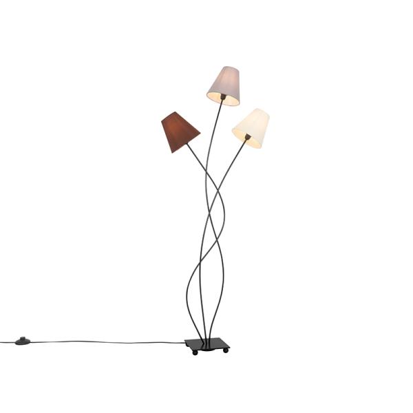 Designová stojací lampa černá s látkovými stínidly 3-světlo - Melis