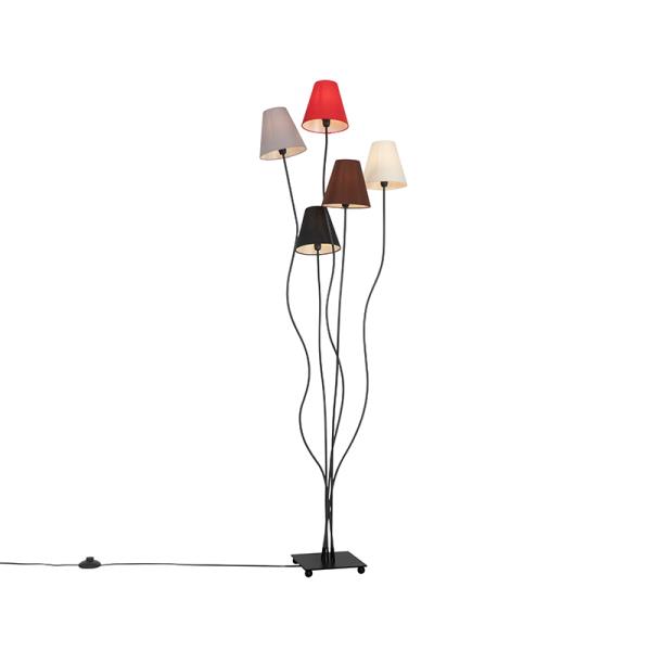 Designová stojací lampa černá s látkovými stínidly 5 světel - Melis