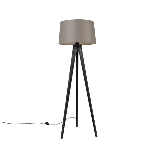 Stojací lampa se třemi nohami černá s lněným stínítkem taupe 45 cm - Tripod Classic