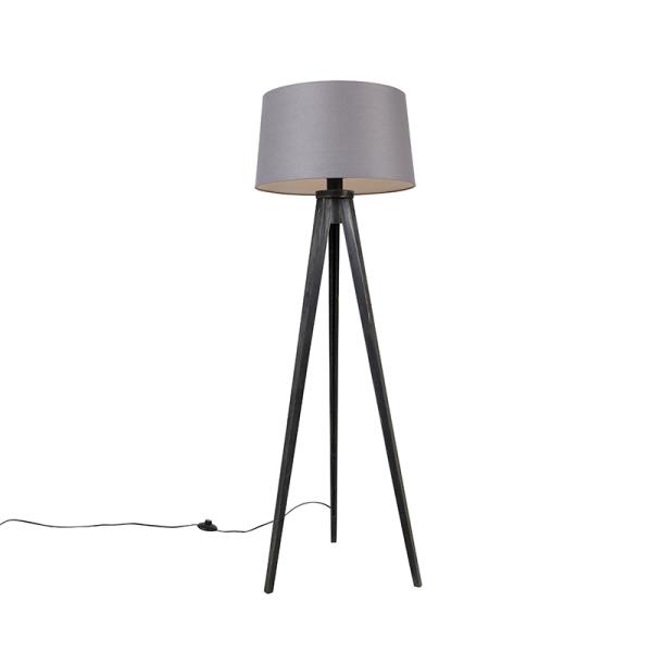 Stojací lampa na stativu černá s lněným stínítkem tmavě šedá 45 cm - Tripod Classic