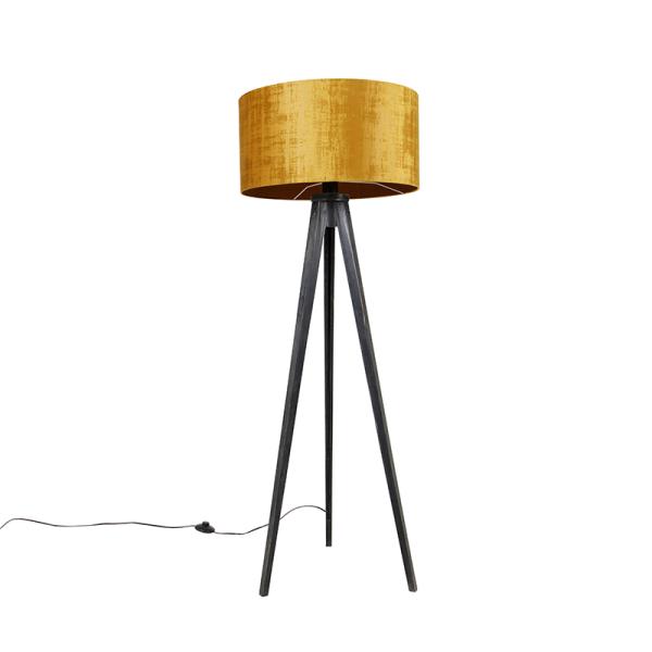 Stojací lampa trojnožka černá se zlatým stínítkem 50 cm - Tripod Classic
